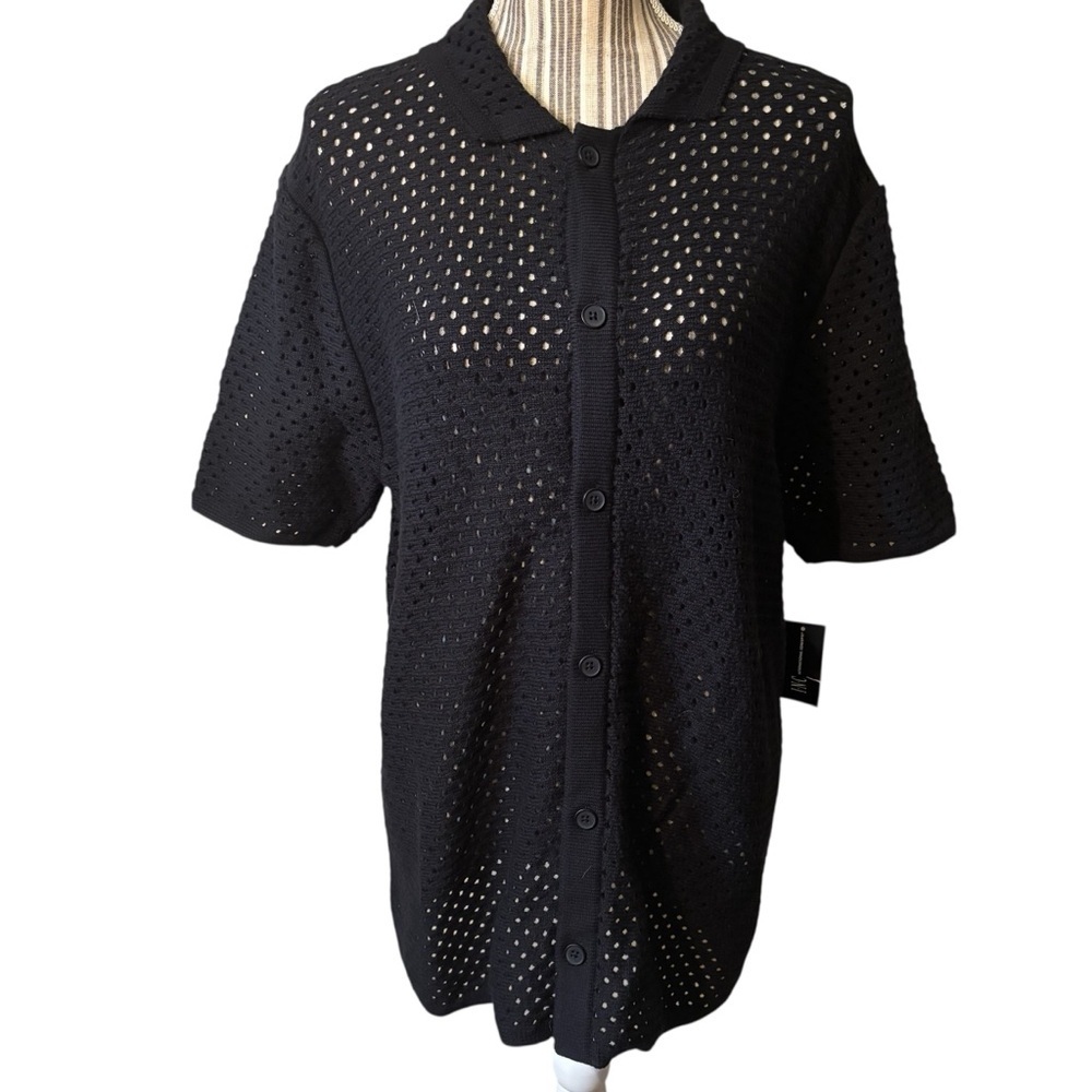 NWT INC International Concepts Black Knit Top Medium Oversized Semi-Sheer Tunic